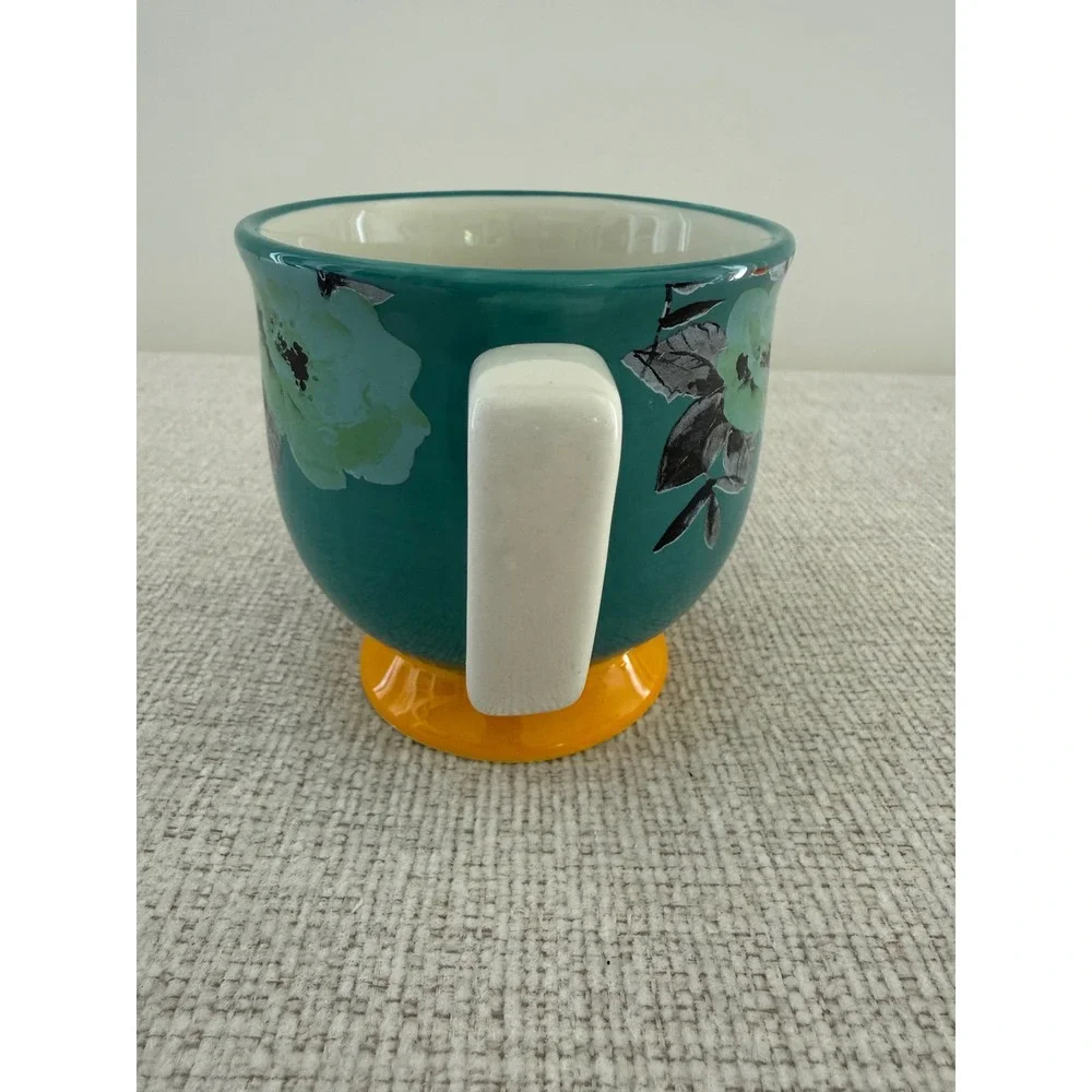 Pioneer‎ Woman Floral Turquoise and Yellow Footed Coffee Tea cup Coffee Mug